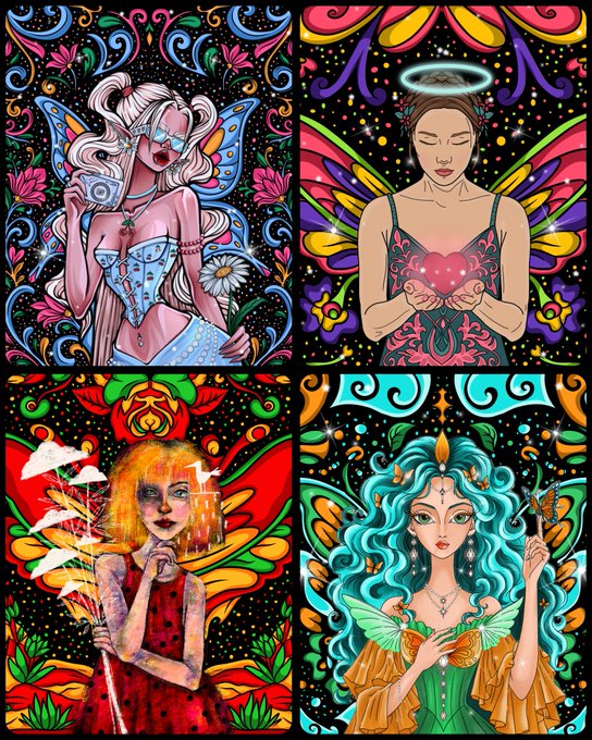 Four colorful, psychedelic-style illustrations of women with fairy wings, halos, and vibrant floral backgrounds, each rendered in a stained-glass aesthetic.