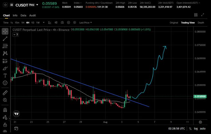 A Binance TradingView chart for CUSDT Perpetual showing a price of 0.05589 with a 7.46% increase, displaying candlestick data with a blue trendline and a sharp upward price movement.