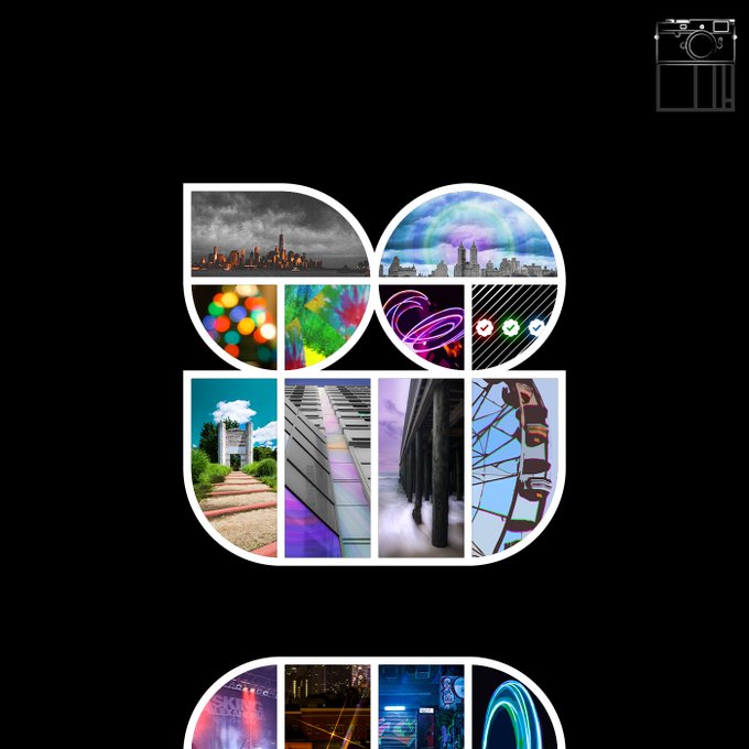 A photo collage app template displaying multiple small images within circular and rectangular frames, with a camera icon in the upper right corner.