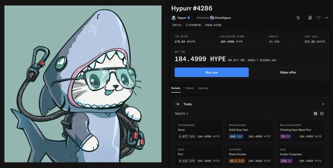 The image shows a listing for "Hypurr #4286," a shark-themed NFT with a price of 184.4999 HYPE ($9,517.98), featuring traits like a "Bold Gray Teal" background and "Clown Hoodie" clothing. The post reflects on how NFT prices have dropped low enough to buy a Hypurr for under $10K, joking about whether this is a sign to invest in another JPEG.