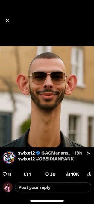 The image shows a Twitter/X post by user @ACManans... (swixx12) featuring a smiling man with large ears, glasses, and a goatee in front of a brick building. The tweet includes the hashtags "#OBSIDIANRANK1" and aligns with the post's bragging about a "PRINCESS" rank in what appears to be a betting/staking community promotion.