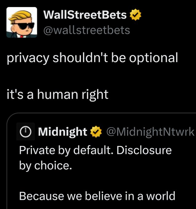 Screenshot of a tweet from WallStreetBes (@wallstreetbets) quoting Midnight (@MidnightNtwrk) with text: 'privacy shouldn't be optional / it's a human right' and 'Private by default. Disclosure by choice. Because we believe in a world'.