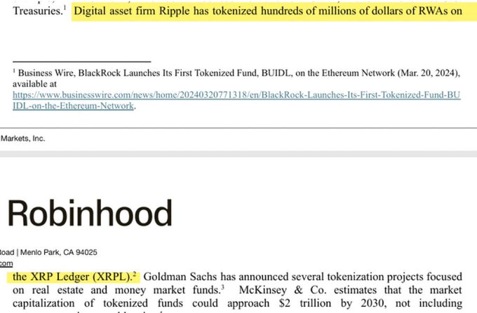 The image shows an article excerpt about Robinhood's involvement with tokenized real-world assets (RWAs), featuring highlighted text stating that "Digital asset firm Ripple has tokenized hundreds of millions of dollars of RWAs on the XRP Ledger (XRPL)" and noting Goldman Sachs' tokenization projects focused on real estate and money market funds. This relates to the post by confirming Robinhood's connection to Ripple's XRP Ledger for tokenizing real-world assets.