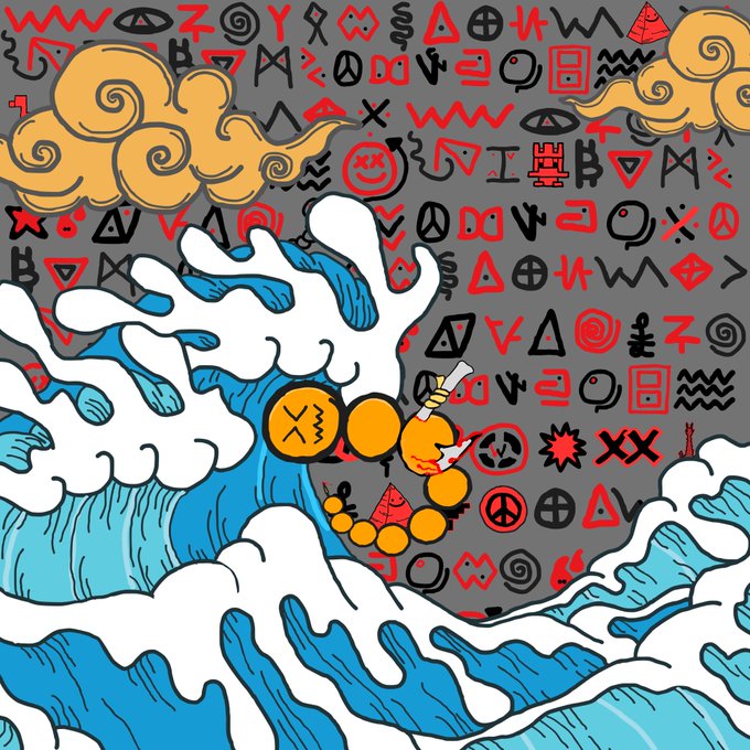 An artistic illustration featuring an anthropomorphic cigarette figure with 'X' eyes being crushed by a large blue and white wave, set against a gray background covered in red and black symbols, with cartoon clouds at the top.