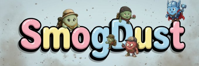 Colorful logo text reading 'SmogDust' with various cartoon character mascots sitting on and around the letters.