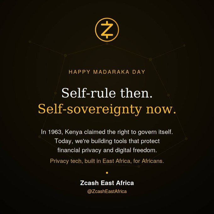 The image features a black background with a yellow circle containing an "Z" at its center. Below this circle, there's text that reads "Happy Madaraka Day. Self-rule then. Self-sovereignty now." The text is written in white and is positioned above the yellow circle.