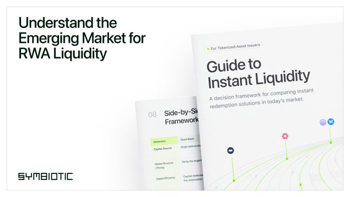 A promotional graphic for Symbiotic titled 'Understand the Emerging Market for RWA Liquidity' featuring a 'Guide to Instant Liquidity' document.