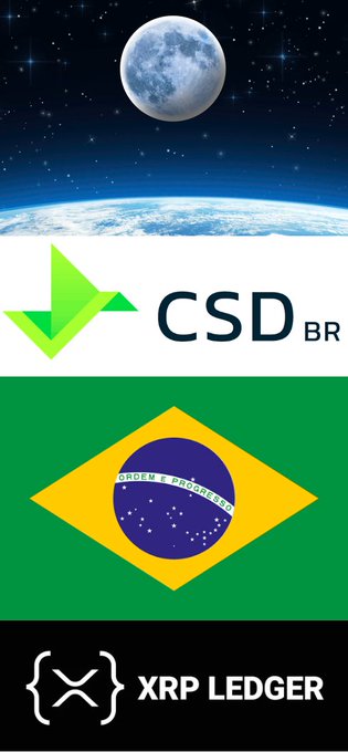 A vertical banner displaying 'CSD BR' with a Brazilian flag featuring a modified blue globe reading 'ORDEM E PROGRESSO', and the 'XRP LEDGER' logo at the bottom against a backdrop of Earth and the moon.