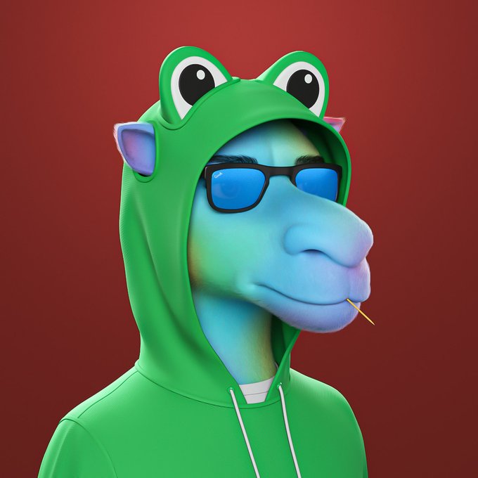 A 3D-rendered character with a blue horse-like face, wearing black sunglasses and a bright green frog hoodie, set against a dark red background.