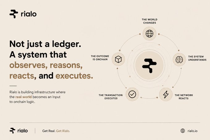Marketing material for "rialo" with the tagline "Not just a ledger. A system that observes, reasons, reacts, and executes," describing their blockchain infrastructure with diagrams showing features like "The World Changes" and "The Transaction Executes," directing viewers to rialo.io.