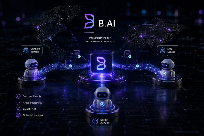 A futuristic dark-themed promotional graphic for B.AI showing 'Infrastructure for autonomous commerce' with three robot figures connected by data streams over a world map.