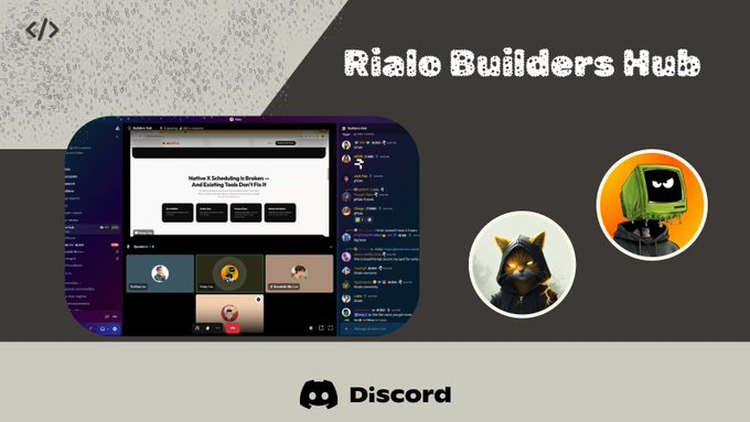 A promotional graphic for the 'Rialo Builders Hub' Discord community, showing a screenshot of a Discord server and circular icons including a cat and a green robot.