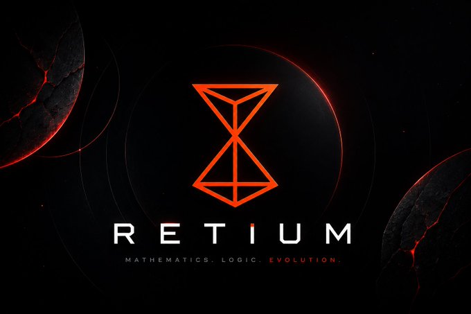 A dark logo design featuring a red hourglass-like geometric symbol above the text 'RETIUM' and the tagline 'MATHEMATICS. LOGIC. EVOLUTION.' against a black background with cracked spherical shapes.