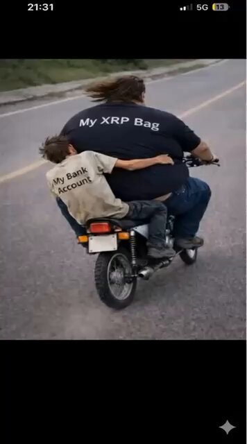 The image shows a man riding a motorcycle with another person sitting behind him, wearing a black shirt that has "my XRP bag" written on it. The motorcycle appears to be moving down a road or street. There are also some text elements in the image, including the words "focus on what is in the image and how it relates to the post".