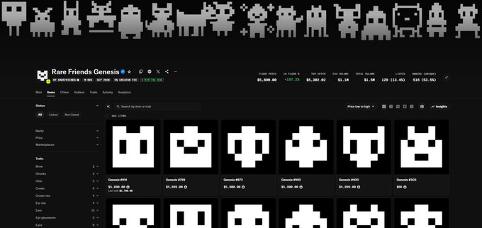 A screenshot of the Rarible NFT marketplace displays the "Rare Friends Genesis" collection, showing a floor price of $6,000, with a row of pixelated space invader-style NFT icons displayed in the marketplace grid, corroborating the post's mention of Rare Friends NFTs trading at that value.