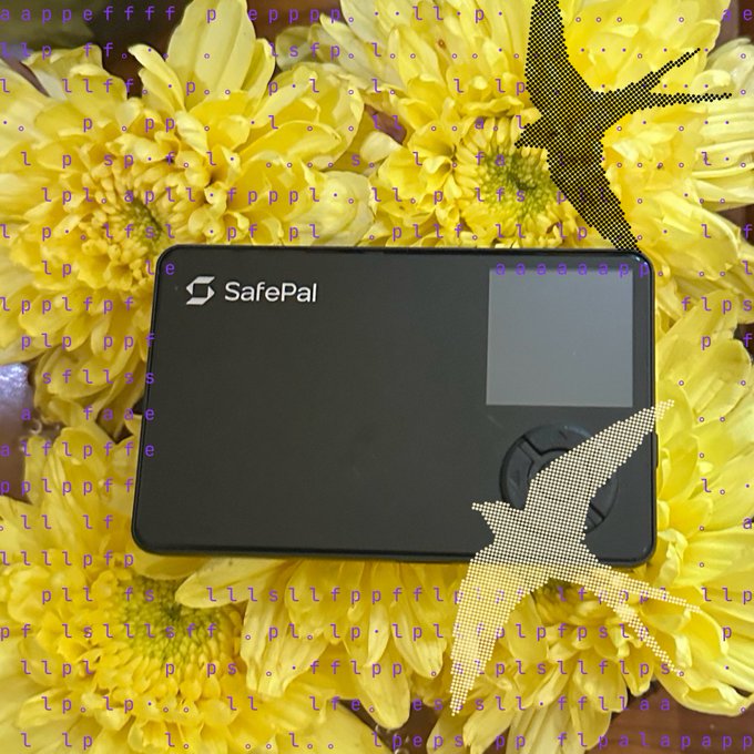 A black SafePal hardware wallet rests on a bed of bright yellow flowers, surrounded by overlaid "filler text" characters — visually echoing the caption's "tune out the noise" message by framing the secure device as a calm, distraction-free sanctuary.