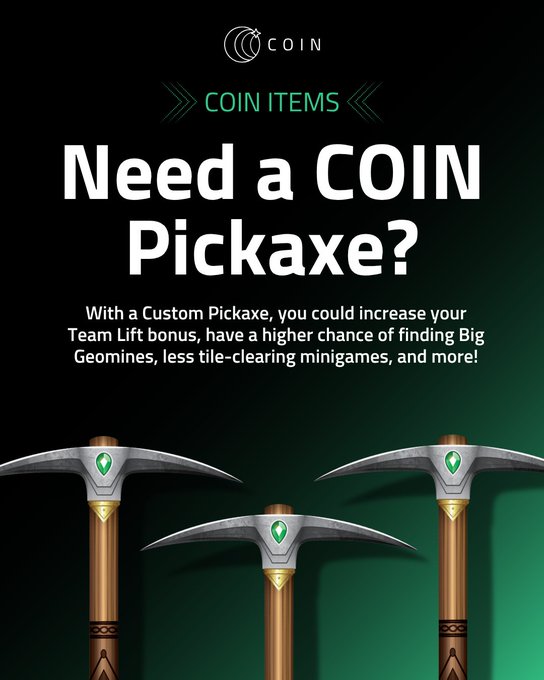 A promotional graphic for COIN featuring the header "Need a COIN Pickaxe?" and the "COIN ITEMS" label, showcasing three custom mining pickaxes with green gem accents against a dark green background. The post text aligns with the image by advertising the availability of these pickaxes, along with mining helmets and boots, as free claimable gear through the provided Coin App links.