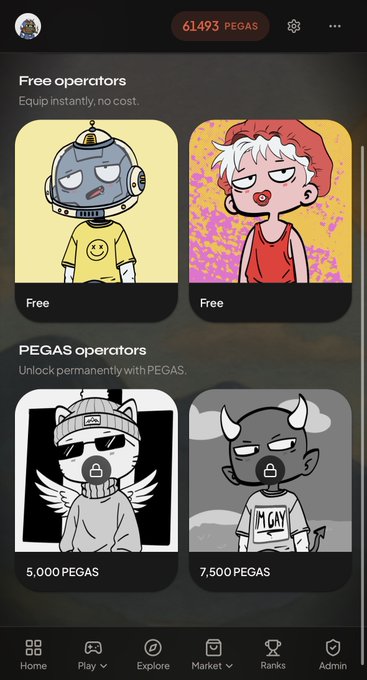 A mobile app interface displays a character selection screen with "61,493 PEGAS" at the top, featuring "Free operators" (a robot and red-haired character) and "PEGAS operators" priced at 5,000 and 7,500 PEGAS. The "👁‍🗨" watermark appears on the locked operator cards, aligning with the post's mention of beta avatars and operator access at pepegasnft.art.