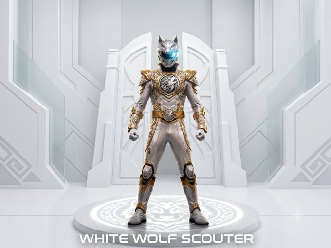A figure in white and gold armor with a wolf-themed helmet and glowing blue eye stands in a futuristic white room, with the text 'WHITE WOLF SCOUTER' displayed below.