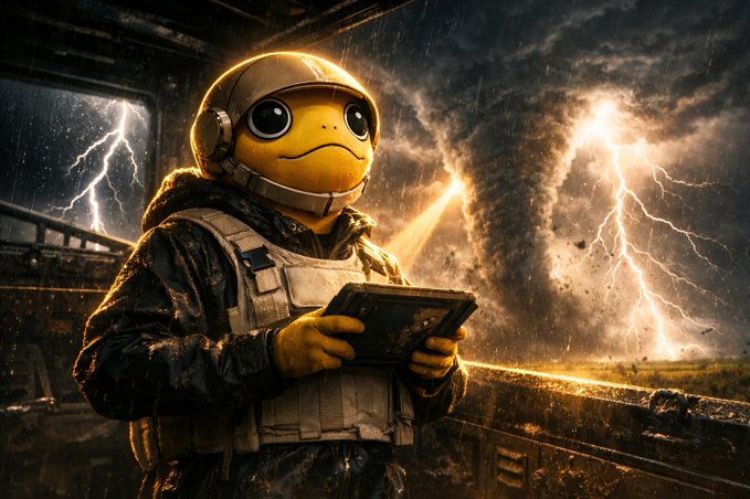 A yellow helmeted frog-like character in tactical gear stands calmly holding a tablet amidst a dramatic backdrop of twin tornadoes and lightning strikes, embodying the post's message about resilience and conviction being forged in chaos, with no visible text or tickers beyond the "$TURBO" reference.