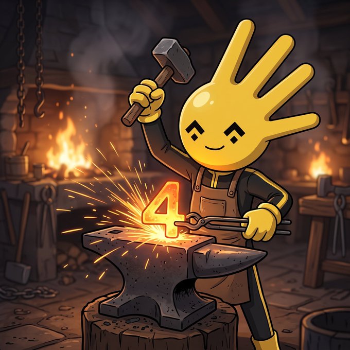 An illustration of a yellow cartoon hand character wearing a black and yellow outfit, hammering a glowing number '4' on an anvil in a blacksmith forge with fire and sparks.