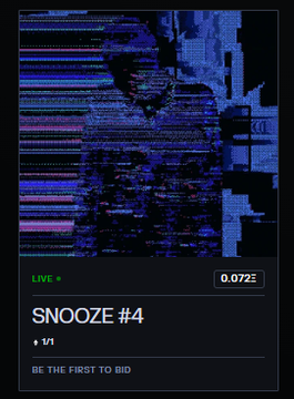 This is a screenshot of an Ebay auction page for Snooze 4. It features a person, either a man or woman, wearing blue clothing that appears to have a patterned design. The item being auctioned is not clearly visible in the image but its presence adds context to the image's description. The post indicates that this auction is for Snooze #4 and it suggests some of the available bidder's details: the first bid amount will be at 0.072 ETH, which translates into Bitcoins in most cases due to Ebay being an eBay-specific platform. Furthermore, there are additional text elements provided below the photo including a description saying that this is "The first to bid! reserve 0.072 ETH place bid here!"