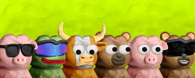 A row of seven whimsical clay or plush animal figurines with googly eyes, including pigs wearing sunglasses, a frog, a cow, and bears, posed against a bright green background.