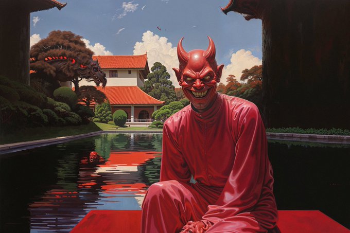 A surreal, AI-generated artwork depicting a red devil-like figure in red robes sitting by a pool at a Japanese-style building, with a demonic dragon creature visible in the background.