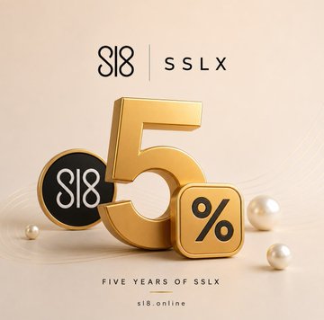 A promotional graphic features a large golden "5" and "%" symbol on a beige background, with the text "818 | SSLX" at the top and "FIVE YEARS OF SSLX" above "818.online" at the bottom. The image celebrates the extension of the 5-year anniversary staking APY boost for SSLX, as noted in the accompanying post about the x5 staking APY promo being extended through July 2, 2026.