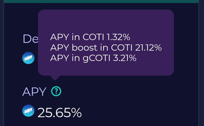 "APY in COTI 1:1 gCoti 3:21% apy boost in COTI 21:12%"