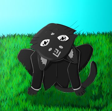 !!!Cat with black fur and white paws sits on a grassy field, facing right with a neutral expression.