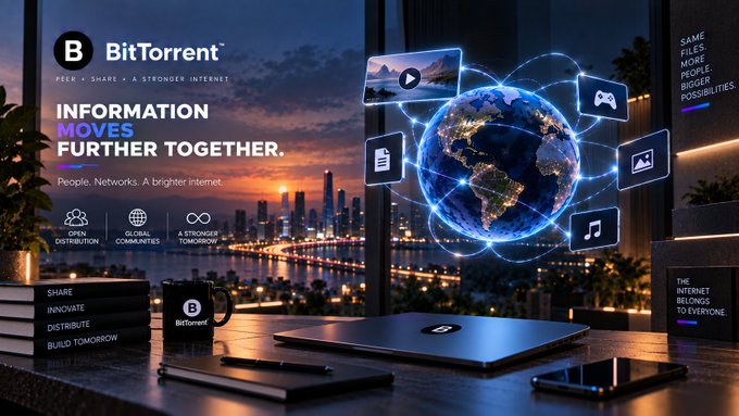 A promotional banner for BitTorrent with the tagline "INFORMATION MOVES FURTHER TOGETHER," showing a glowing digital globe with media icons floating around it, set against a city skyline at sunset.