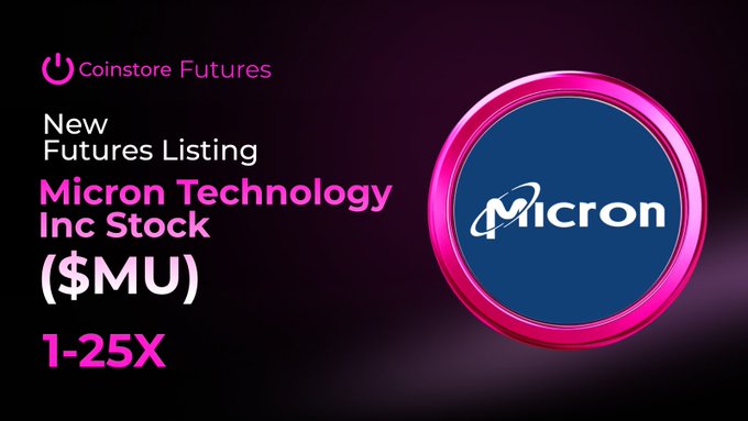 The image features a pink circle with the word "MU" written inside of it. The background of the image is black, which contrasts nicely with the pink circle. Below the circle, there's text that reads "New Futures listing Micro Technology Inc Stock (MU/USDT)". This information suggests that MU/USDT Futures is being listed on Coinstore Futures.