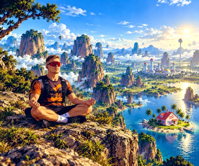 A stylized, vibrant digital artwork of a man in orange athletic wear meditating on a rocky cliff, overlooking a fantastical landscape with mountains, rivers, and futuristic buildings.