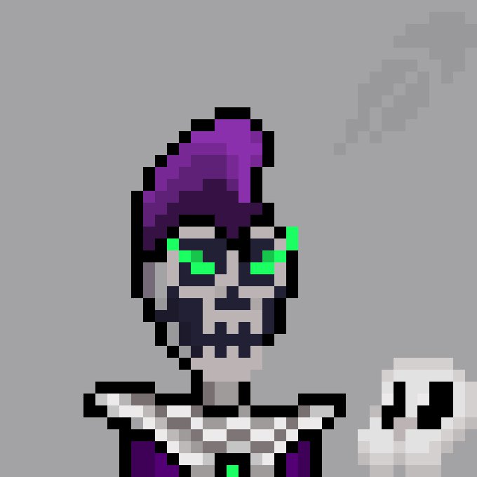 A pixel art portrait of a skeletal character with purple hair, green glowing eyes, wearing a checkered scarf, with a small white skull companion beside it on a gray background.