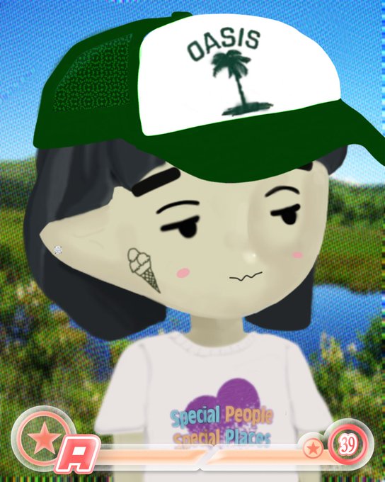 An anime-style character with black hair wearing a green and white OASIS cap with a palm tree logo, an ice cream cone tattoo on their cheek, and a shirt reading 'Special People Special Places', displayed in what appears to be a game interface.