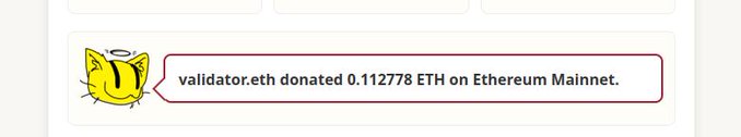 A donation notification featuring a yellow cat avatar with a halo, stating 'validator.eth donated 0.112778 ETH on Ethereum Mainnet.'