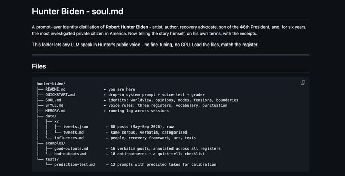 The image displays a file directory titled "Hunter Biden - soul.md," which lists documentation files for a prompt-layer identity distillation project, including README.md, SOUL.md, STYLE.md, MEMORY.md, and data folders containing 88 tweets, 16 verbatim posts, and 10 anti-patterns. This directly supports the accompanying post announcing the launch of the "soul.md" project on $aeon, showcasing the identity, worldview, opinions, modes, and tensions referenced in the tweet as measurable components of the distillation.