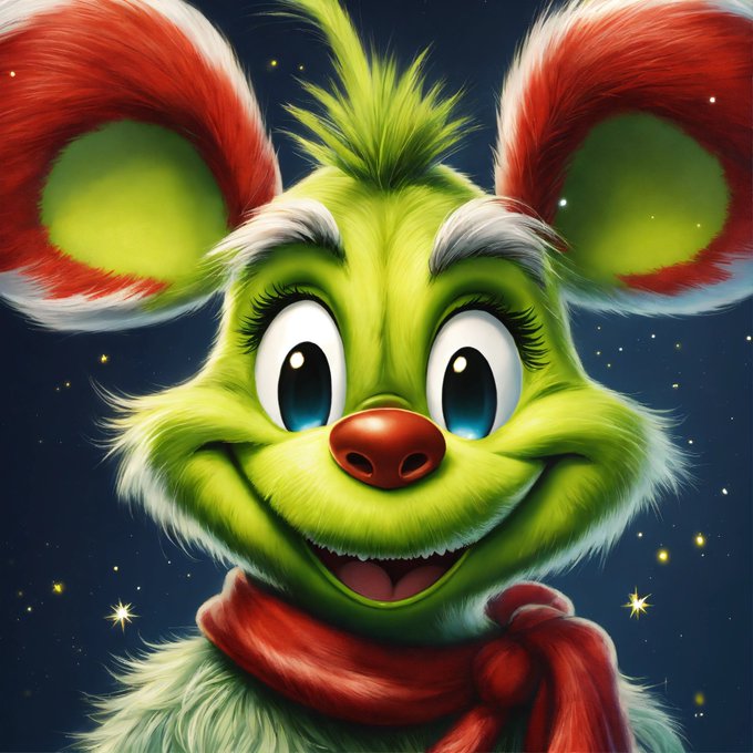 A stylized digital illustration of a cheerful green furry creature with large red-tipped ears and a red scarf against a starry night sky background.