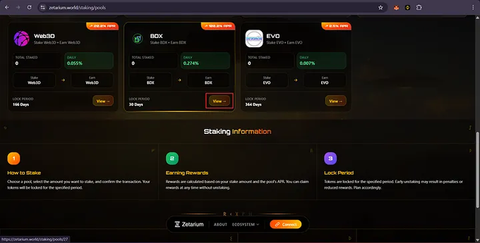 Screenshot of zetarium.world staking pools page showing three staking options: Web3D (146 Days, 0.055% APY), BOX (30 Days, 0.274% APY), and EVO (364 Days, 0.007% APY), with the BOX 'View' button highlighted in a red box.