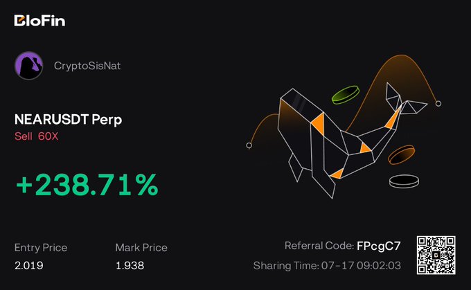 A BloFin trading card from user 'CryptoSisNat' showing a NEARUSDT Perp short position with +238.71% return, entry price 2.019, and mark price 1.938.