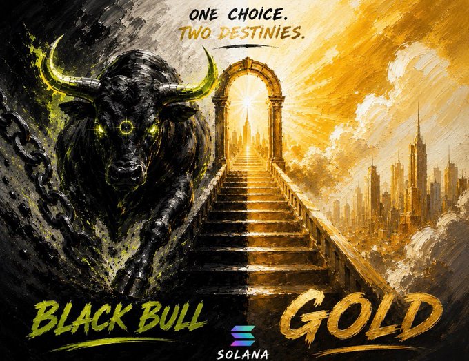 The image is a dramatic, stylized promotional graphic featuring a fierce black bull with glowing yellow-green eyes emerging from dark storm clouds on the left, contrasted against a golden staircase leading through an archway toward a radiant sunlit cityscape on the right. Bold text reads "ONE CHOICE. TWO DESTINIES." at the top, with "BLACK BULL" on the left, "GOLD" on the right, and the "SOLANA" logo at the bottom center, visually representing the cryptocurrency post's metaphor of choosing between the familiar path (black bull) and ascending toward golden opportunities.
