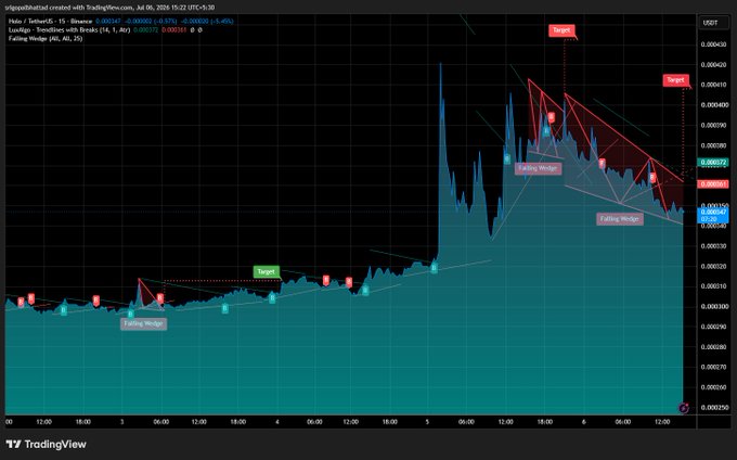 A TradingView chart for TetherUS/USDT showing bearish technical analysis patterns including a 'Target' zone, 'Falling Wedge', and resistance levels marked in red.
