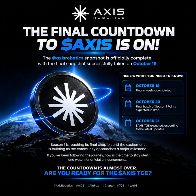 A promotional graphic for 'AXIS ROBOTICS' announcing 'THE FINAL COUNTDOWN TO $AXIS IS ON!' with a timeline detailing an October 18 snapshot, October 20 airdrop, and October 21 TGE.