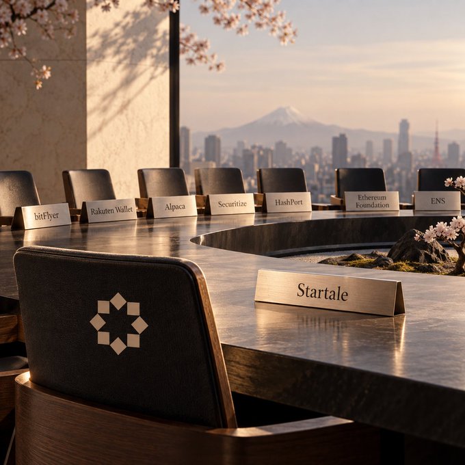 A modern boardroom with nameplates for crypto and tech companies including bitFlyer, Rakuten Wallet, Alpaca, Securitize, HashPort, Ethereum Foundation, ENS, and Startale, with a chair bearing a logo in the foreground and Mount Fuji visible through the window.