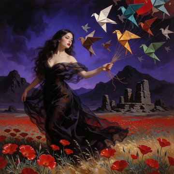 A digital artwork shows a woman in a flowing dark dress holding colorful paper cranes on strings, standing in a field of red poppies with mountains and ruins in the background under a purple sky.