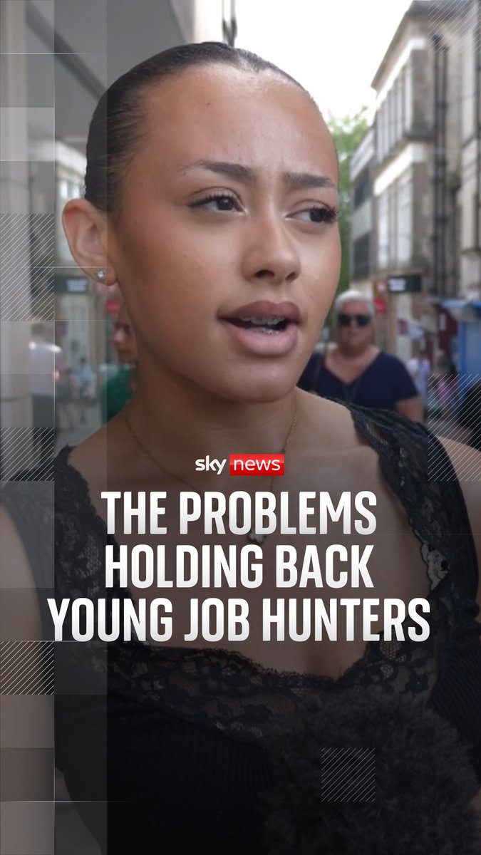 The image features a woman wearing a black top, standing outside of a building with her head turned towards someone else who is also present in the scene. The text "THE PROBLEMS HOLDING BACK YOUNG JOB HUNTERS" can be seen on the image as well.