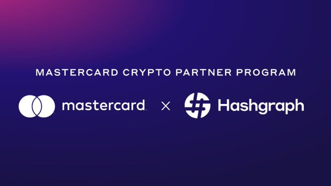 A promotional graphic on a purple gradient background announces Hashgraph's entry into the "MASTERCARD CRYPTO PARTNER PROGRAM," displaying the Mastercard and Hashgraph logos side-by-side with an "x" between them, visually reinforcing the partnership announcement.