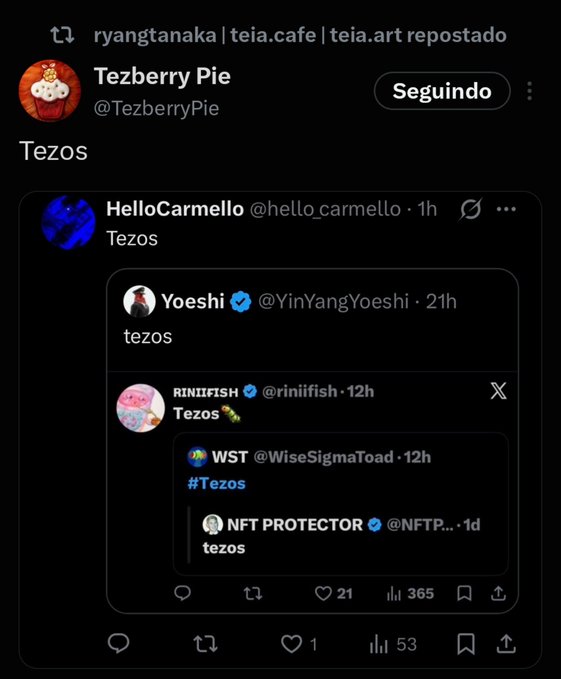 A screenshot of a social media post shows a nested thread of replies, all containing variations of the word 'tezos' or the hashtag '#Tezos'.