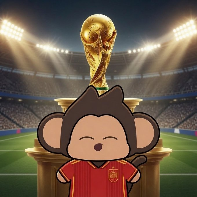 A cartoon monkey wearing a red Spain soccer jersey standing in front of a stadium with the FIFA World Cup trophy on a pedestal.